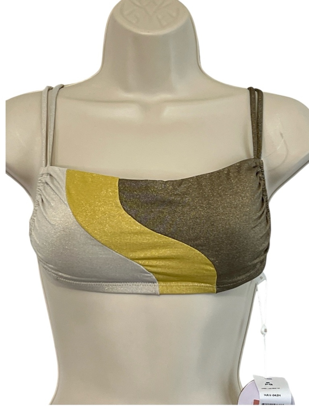PQ Haven Luna Wave Bandeau Bikini Top, Metallic tan,‎ yellow/green, Sz. D